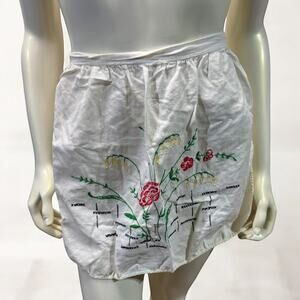 Vintage 1950 Half Apron White Cotton Hand Embroidered Floral Garden Apron Roses